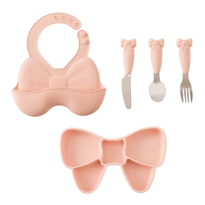5Pc-Set Baby Cute Silicone Dining Plate Spoon Set for Baby Feeding Bow Bibs Straws Pad Fork Spoon Maternal Infant Supplies Gifts