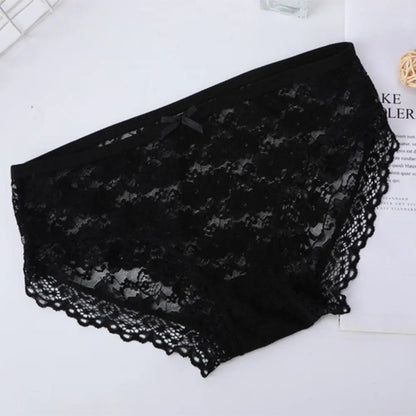 Women Panties Mid Waist Breathable Stretch Hollow Bowknot Soft See-through Lace Sexy Ladies Briefs Underpants Underwear