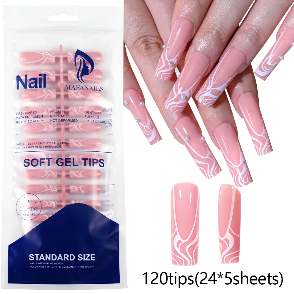 120Pcs=24*5 French Short Square Coffin False Nail White Pink Simple Wearable Fake Nails Glossy Full Cover Press on Nail Tips Art
