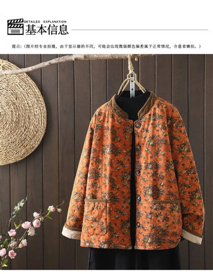 Women Retro Floral Plate Buckle Cotton Jacket Thickened Warm Cotton Clothing Cotton Linen Printed Autumn Winter Cotton Jacket