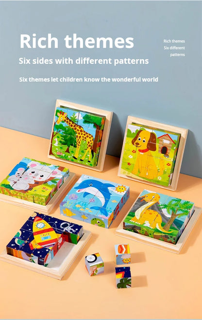 Six Sides Painted Wooden Puzzle Three-Dimensional Traffic Animal Puzzle Building Blocks Early Education Educational Toy
