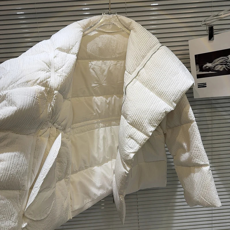 Winter Big Turn Down Collar Long Down Jacket Drawstring Striped Thick Knee Length Overcoat Warm White Duck Down Jacket Women