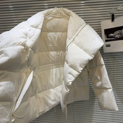Winter Big Turn Down Collar Long Down Jacket Drawstring Striped Thick Knee Length Overcoat Warm White Duck Down Jacket Women