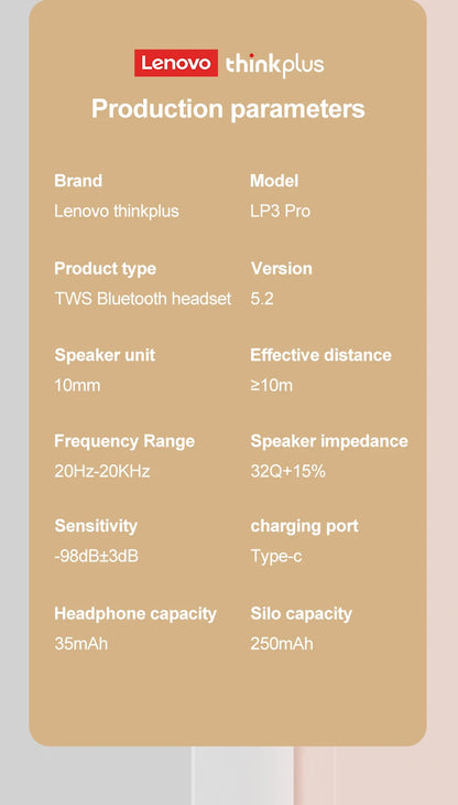 100% Original Lenovo Headphones Wireless Bluetooth 5.2 Earbuds HiFi Stereo Noise Reduction Headphones Touch Control 250mAH New