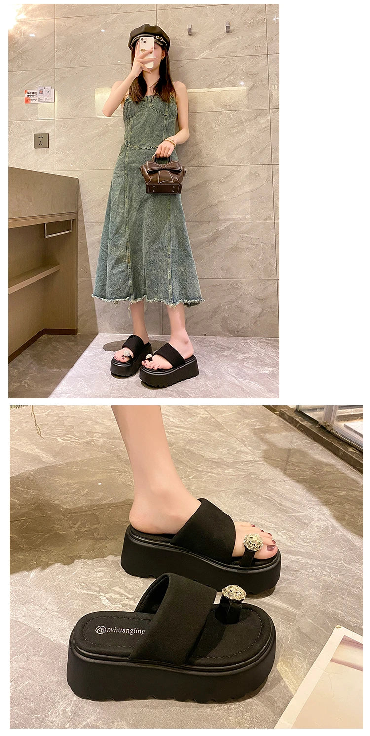 7cm Shiny Rhinestone High Platform Slippers Women Butterfiy-Knot Heels Chunky Sandals Woman Summer Thick Bottom Wedges Slides