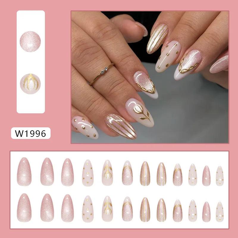 24pcs White Flower Fake Nail Tips Ins Yellow Pink Blush False Nails Wearable Full Cover European Almond Shaped Press on Nails