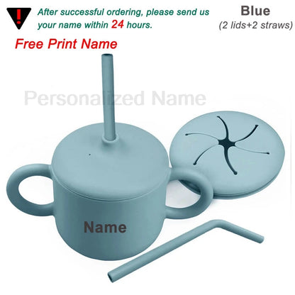 Food Grade Silicone Baby Feeding Cups Personalized Name Children Learn Drinking Cups Sippy Cups Kids Toddlers Straw Water Bottle