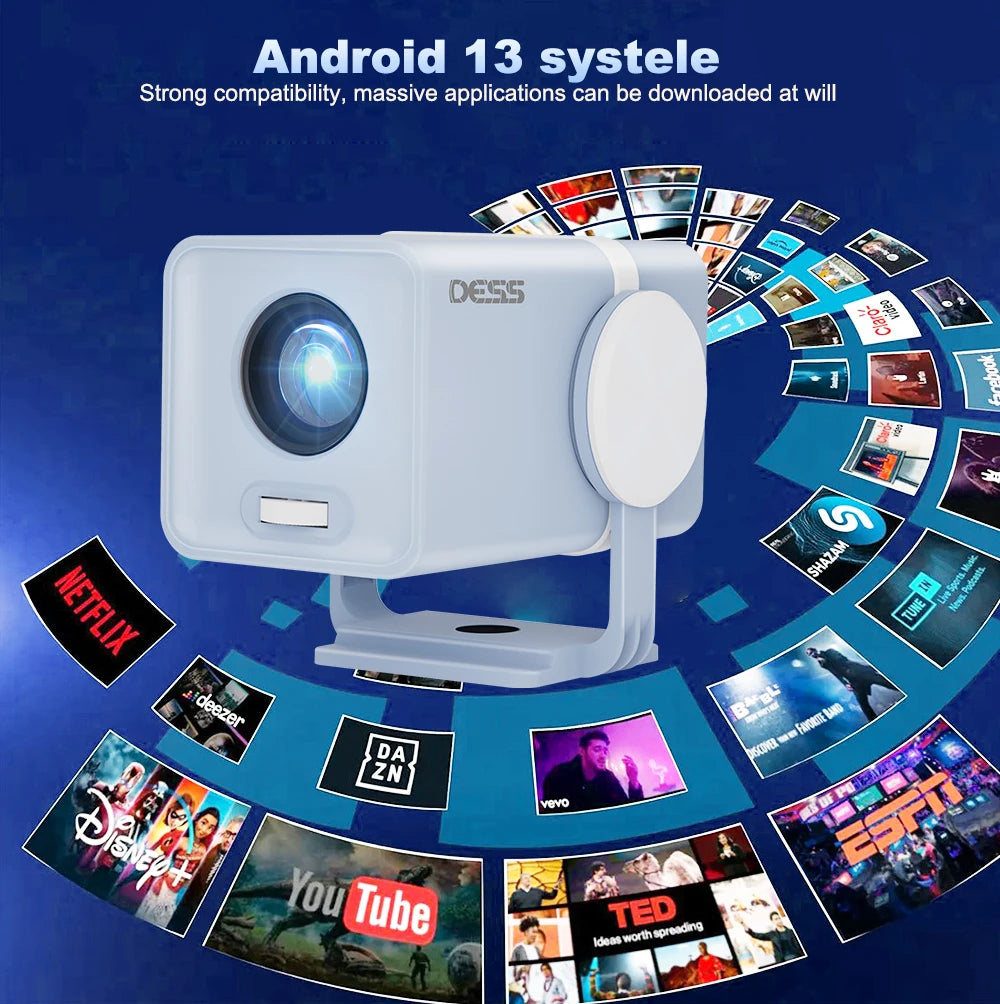 DESS Portable Dual-Band WiFi6 Bluetooth 5.0 Android 13 Smart Projector Suitable for Home Theater Video Power Bank Power Supply
