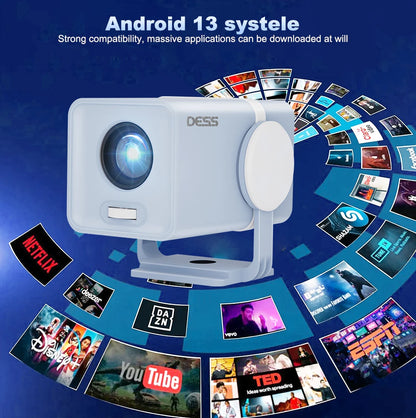 DESS Portable Dual-Band WiFi6 Bluetooth 5.0 Android 13 Smart Projector Suitable for Home Theater Video Power Bank Power Supply