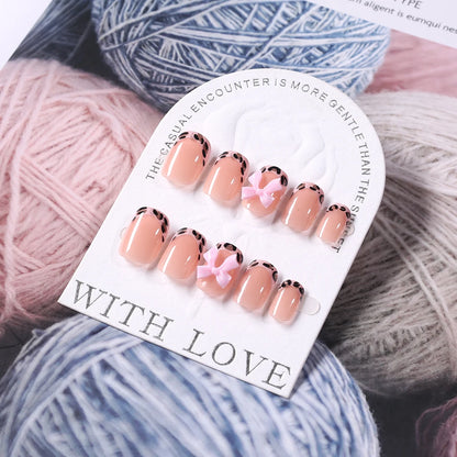 24Pcs Pink Leopard Print French Tips False Nails Short Square Head 3D Black Bowknot Fake Nails Acrylic Full Cover Press on Nails