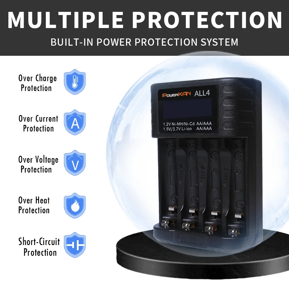 POWERKAN ALL4 AA/AAA 4-slot Small Convenient Battery Charger for 1.2V  Hi-MH& 1.5V/3.7VLi-ion With LCD Screen