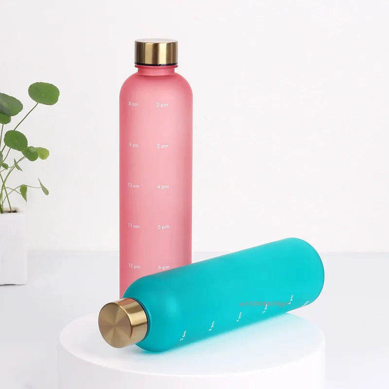 1L Water Bottle With Time Marker 32 OZ Motivational Reusable Fitness Sports Bottles Outdoors Travel Leakproof Frosted Plastic