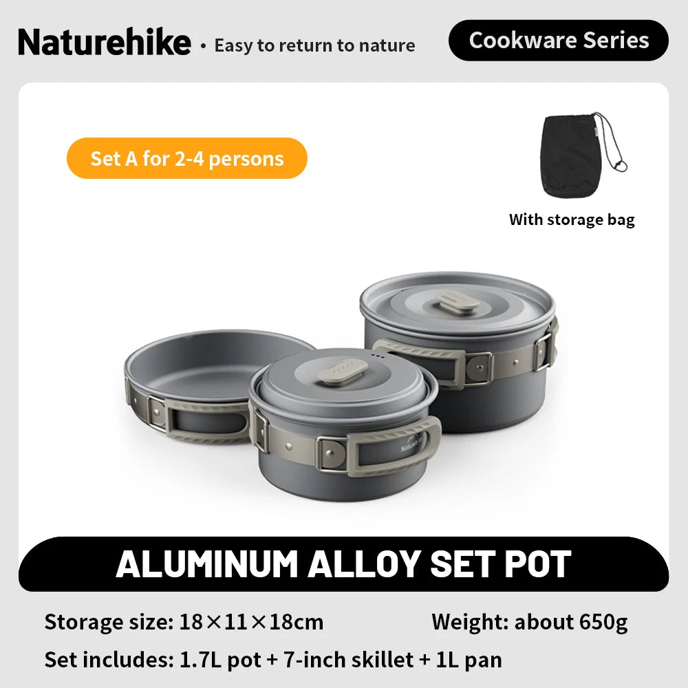 Naturehike Camping Pot Set Aluminum Alloy Cookware Pot Set Portable Outdoor Picnic Tableware Camping Cookware Kit CNK2450CF010