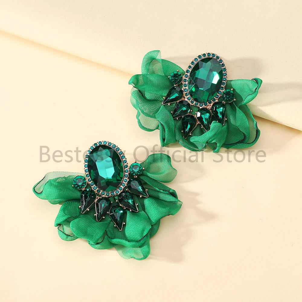 Bohemian Fabric Flower Earrings for Women Imitation Gemstone Floral Large Earrings Party Prom Beach Vacation Jewelry Accessories