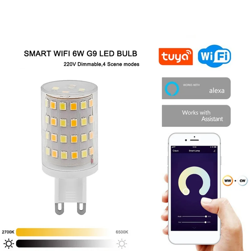 Emption!G9 LED Bulb Wifi Dimmable Smart Light 6W Halogen Light Voice Control Smart LED Bulbs 2700-6500K EU Plug