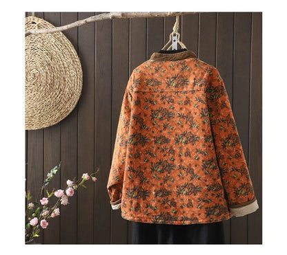 Women Retro Floral Plate Buckle Cotton Jacket Thickened Warm Cotton Clothing Cotton Linen Printed Autumn Winter Cotton Jacket