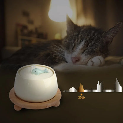 1.3L Ceramic Cat Fountains for Drinking, Anti-burn Cat Water bowl with 1 wooden mat USB Automatic Water Dispenser for Cats