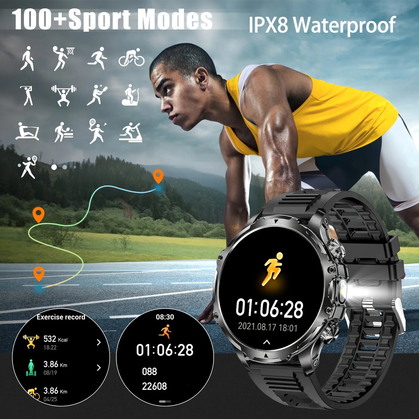 2025 Outdoor Sports Fitness Tracker Smart Watch 1.85 Inch HD Alomed 800mAh Lithium Battery Bluetooth LED Flashlight Smart Watch
