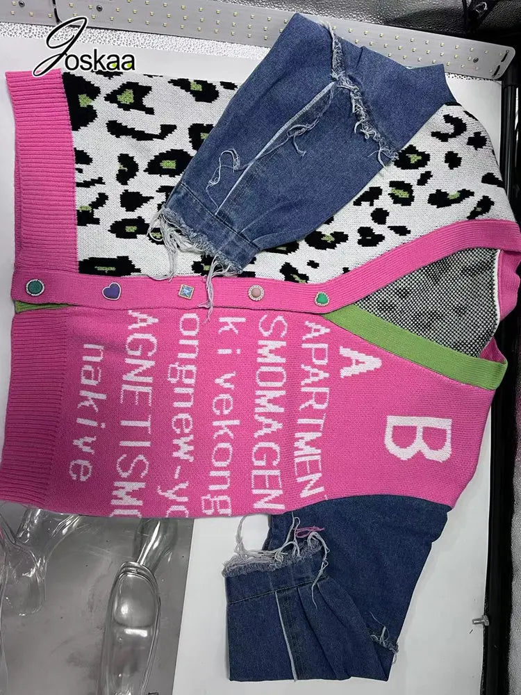 Joskaa Women Knitted Oversized Sweaters Y2k Denim Patchwork Leopard V-neck Long Sleeve Cardigans Coat Female Outwear Streetwear