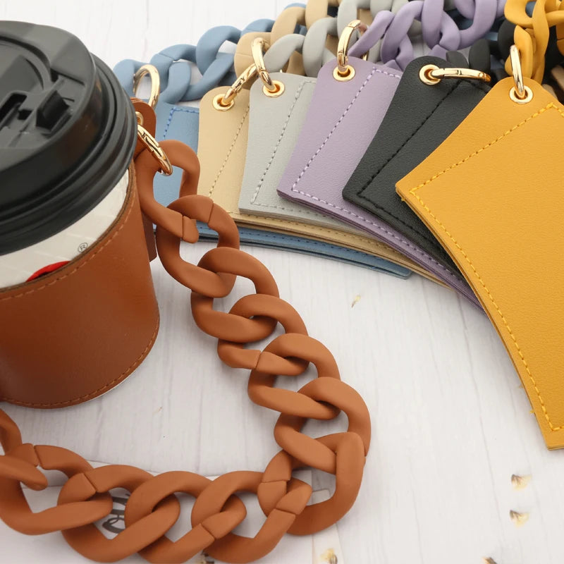 Reusable Leather Cup Coffee Sleeve with Chain Hot Coffee Iced Coffee Sleeve Leather Drink Carrier For Coffee Drinks Coffee Purse
