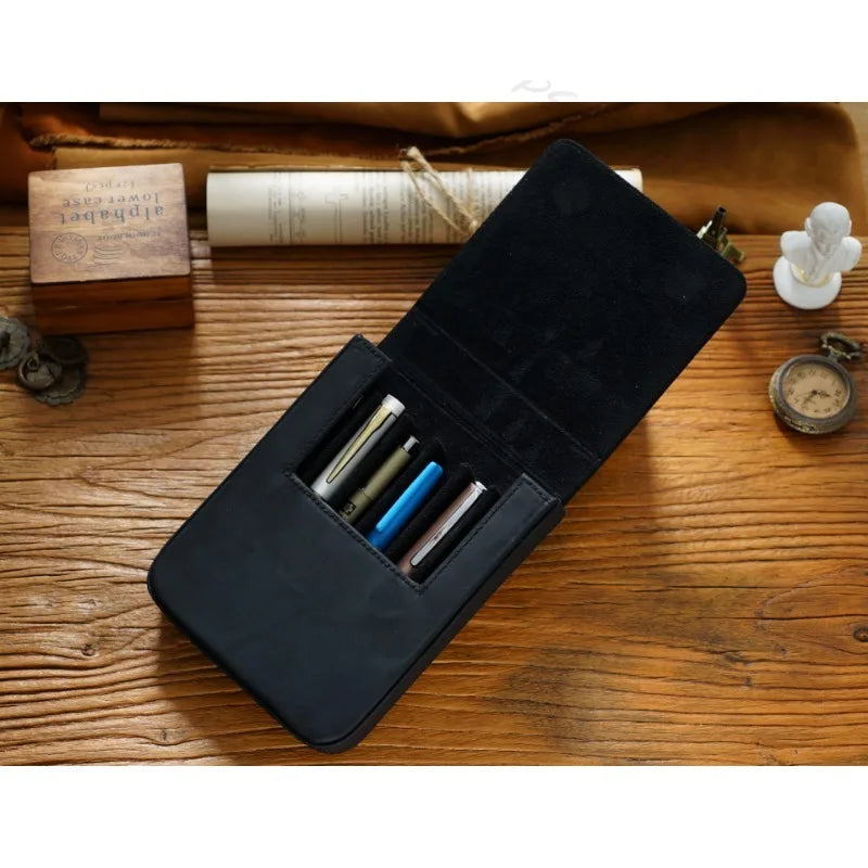 Crazy Horse Leather Pen Box Handmade Magnetic Drawer Style Student Pen Bag Storage Box Office Student Supplies