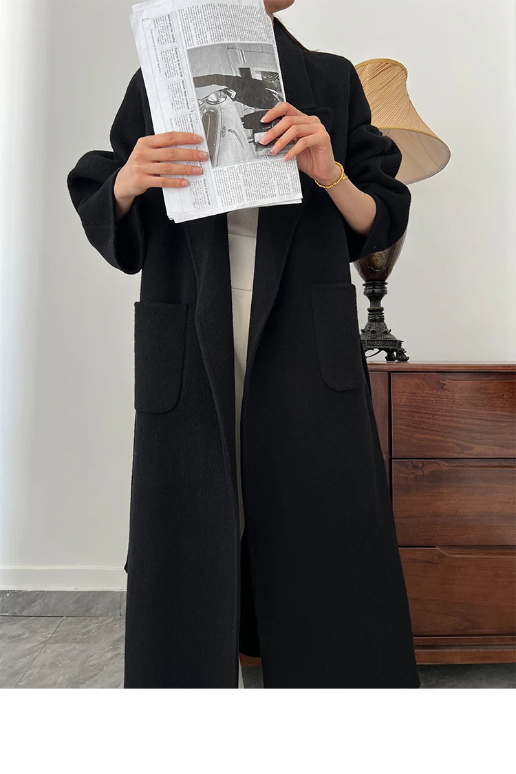 Office Lady Woolen Jackets 2024 Autumn And Winter Bathrobe Style Pocket Double-Sided Loose Lace -Up Tie Women's Long Wool Coats