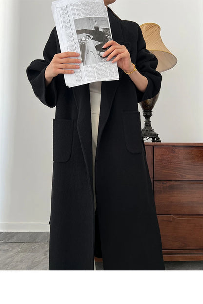 Office Lady Woolen Jackets 2024 Autumn And Winter Bathrobe Style Pocket Double-Sided Loose Lace -Up Tie Women's Long Wool Coats