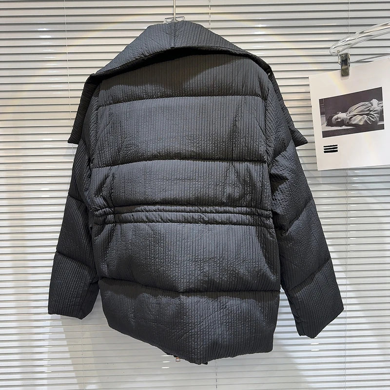 Winter Big Turn Down Collar Long Down Jacket Drawstring Striped Thick Knee Length Overcoat Warm White Duck Down Jacket Women