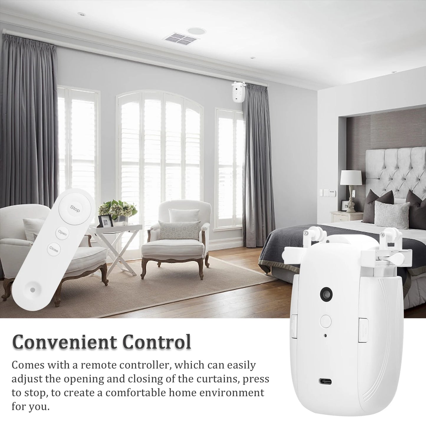 3 in 1 Intelligent Curtain Motor Home Electric Curtain Opener No Wiring with Remote Controller for I-Rail/U-Rail/Roman Rod