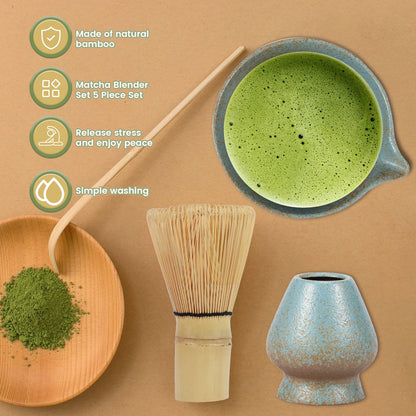 5PCS Japanese Matcha Tea Set Includes Matcha Bowl w Spout Matcha Whisk Holder Matcha Whisk Tea Scoop Tea-making Tools Accessorie