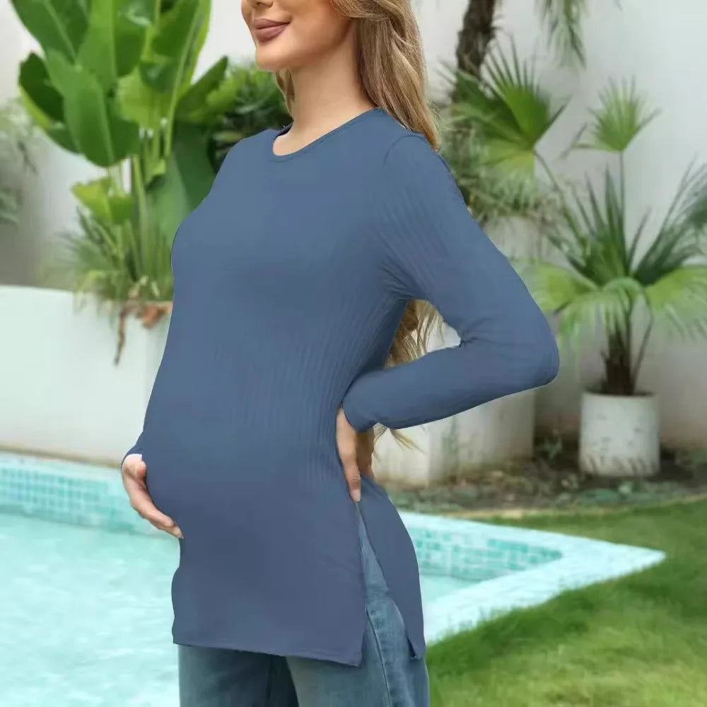 Spring New Maternity Clothes Round Neck Solid Color Slit Long Sleeve Base T-shirt Tops For Pregnant Women Maternity Wear
