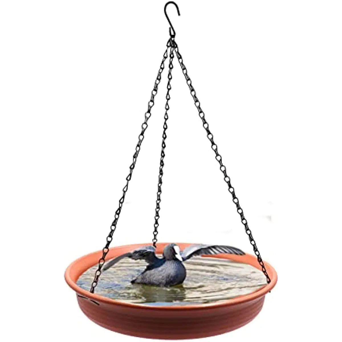 12 Inch Bird feeder Hanging Bird Bath with fountain Outdoor Bird Drinking Bird Tray with Hook and Chain for Garden Yard Patio