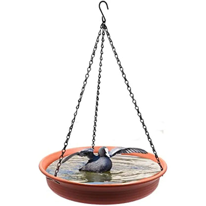 12 Inch Bird feeder Hanging Bird Bath with fountain Outdoor Bird Drinking Bird Tray with Hook and Chain for Garden Yard Patio