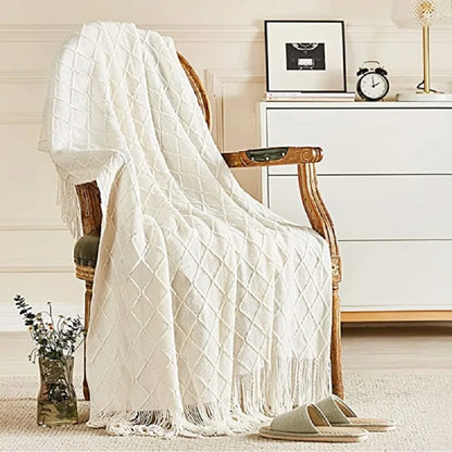 White Oversized Throw Blankets with Tassels 150x230cm Textured Knitted Boho Woven Big Blankets Bedspread Cover Manta Para Sofá