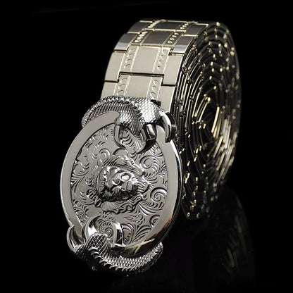 Men's belt metal stainless steel belt silver dragon retro-cologne silver belt high-end designer steel belt personality belt