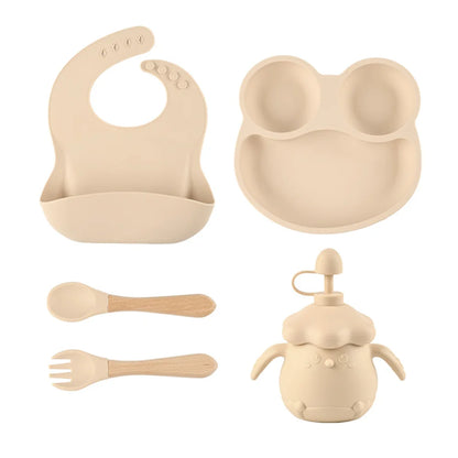 4PCS Silicone Children Tableware Baby Feeding Set Silicone Dinner Plate Wood Handle Spoon Fork Silicone Bibs BPA Free