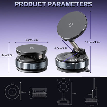 Foldable Magnetic Car Mount Mobile Phone Holder Wireless Charger Vacuum Adsorption Stand for iPhone 16 15 14 13 12 for MagSafe