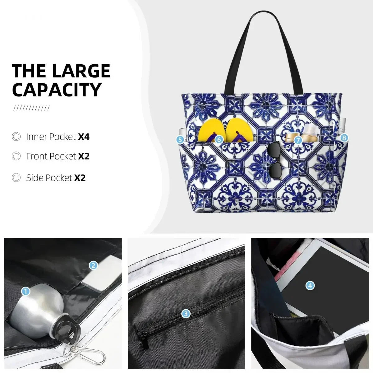 Blue And White Portuguese Tile Beach Travel Bag, Tote  Fashionable Adult Gifts Shoulder  Multi-Style Pattern