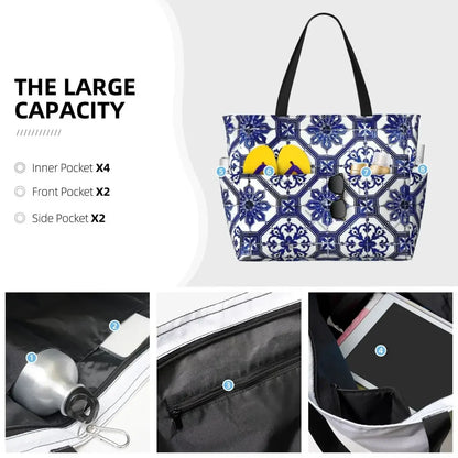 Blue And White Portuguese Tile Beach Travel Bag, Tote  Fashionable Adult Gifts Shoulder  Multi-Style Pattern