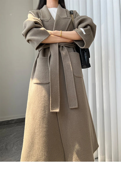 Office Lady Woolen Jackets 2024 Autumn And Winter Bathrobe Style Pocket Double-Sided Loose Lace -Up Tie Women's Long Wool Coats