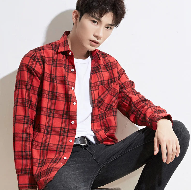 40%cotton fashion korean populasr clothes Casual plaid long-sleeve shirts for men slim fit plain shirt social streetwear tops