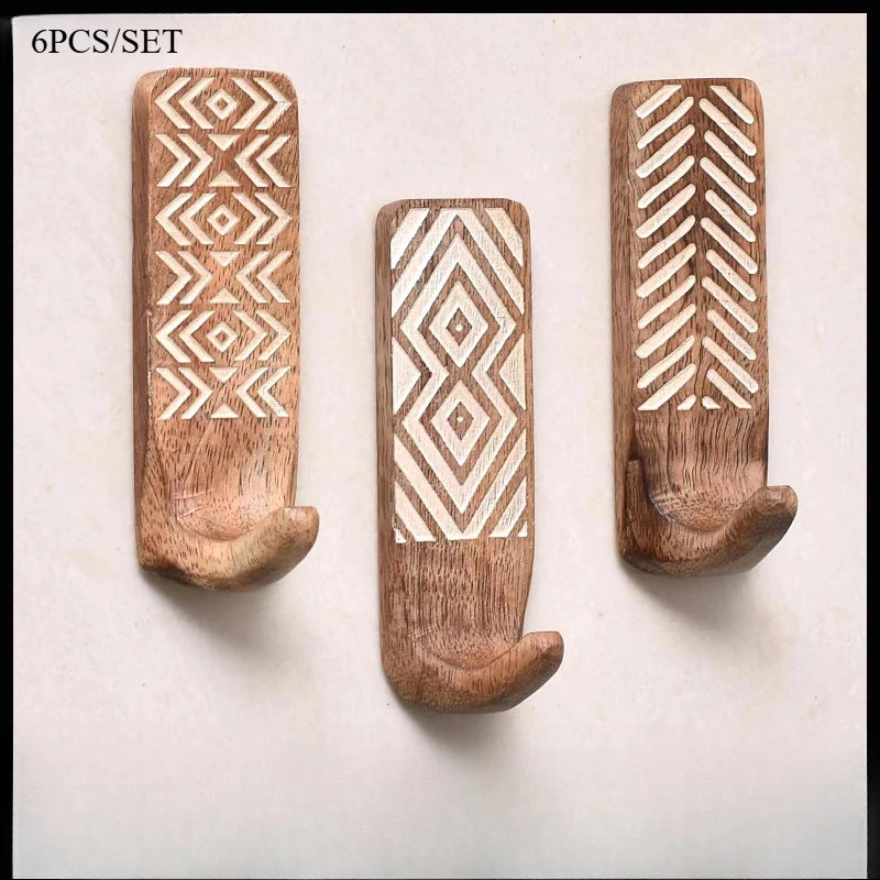 Non-Destructive Wood Wall Hooks - Adhesive Wall Hooks - Boho Decorative Wall Hooks