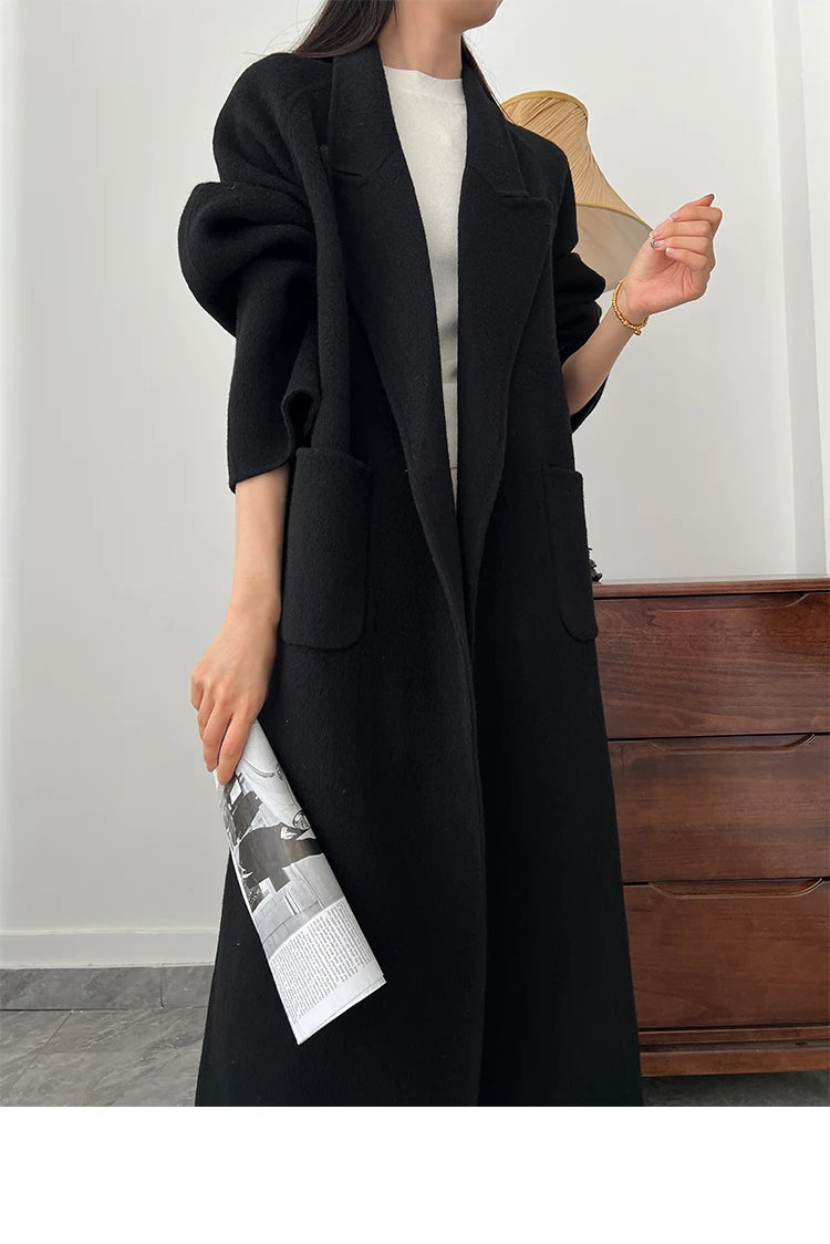 Office Lady Woolen Jackets 2024 Autumn And Winter Bathrobe Style Pocket Double-Sided Loose Lace -Up Tie Women's Long Wool Coats