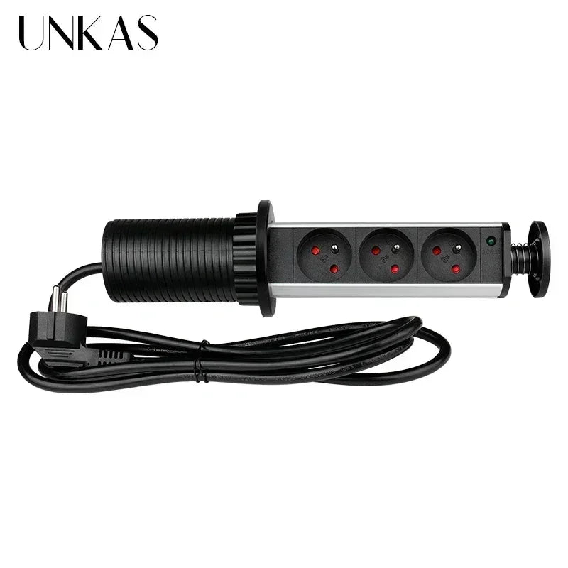 16A PULL POP UP 3 Power EU Socket New Black Color Port Kitchen Table Desktop Sockets Retractable Countertops French Plug