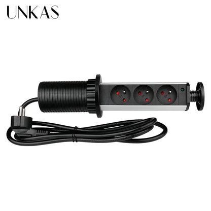 16A PULL POP UP 3 Power EU Socket New Black Color Port Kitchen Table Desktop Sockets Retractable Countertops French Plug
