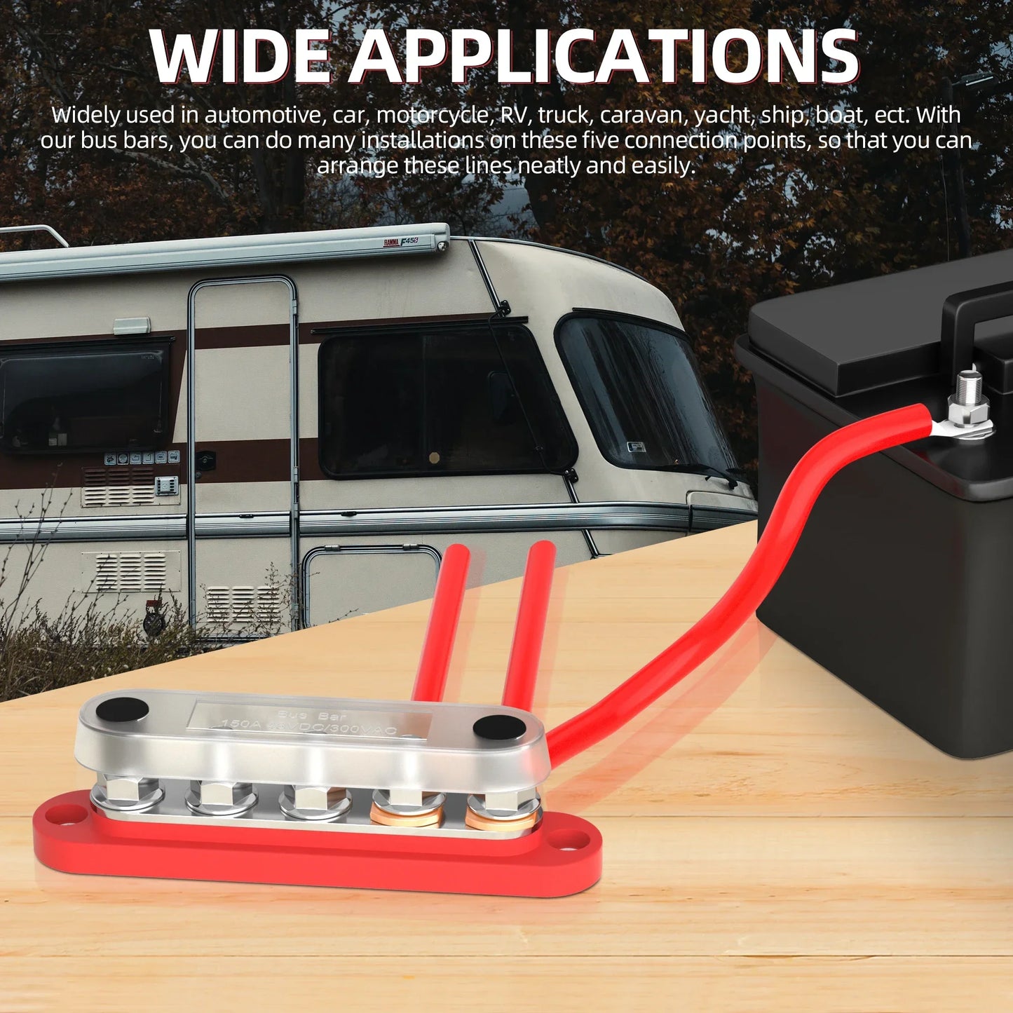 150A Terminal Bus Bar 5*M8 Studs Battery Power Distribution Block Red Black 12V Car Busbars for Automotive Marine Boat