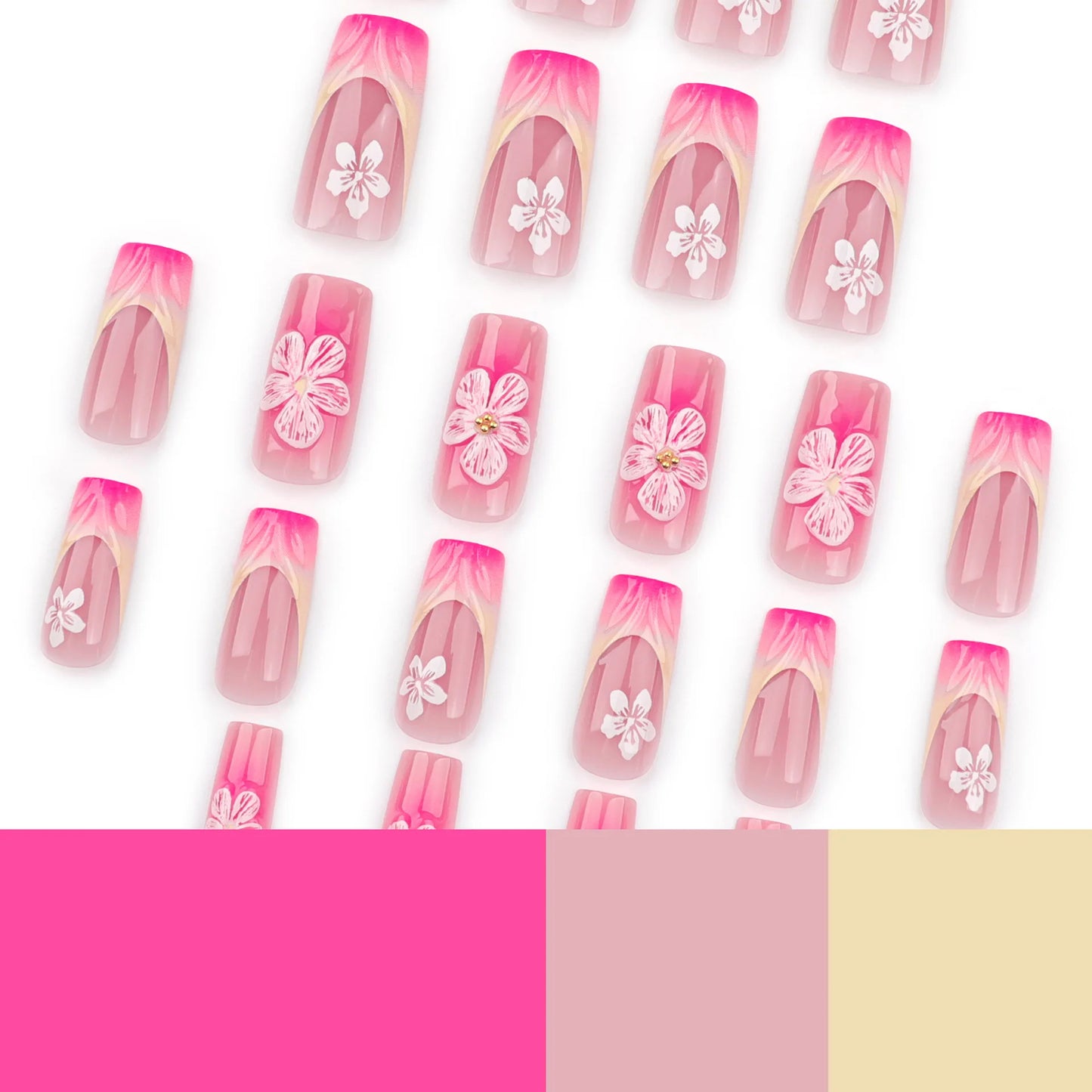 24pcs Blush Pink French Press On Nails Hand-painted White Flower Gold Ball Designs Fake Nail Short Square Korean False Nail Tips