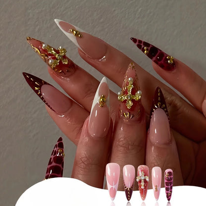 24Pcs False Nails Spicy Girl Silver Bow with Diamond Fake Nails with Glue Almond Press on Nails Black Cool Y2k Almond Nail Set