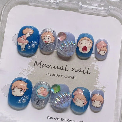 Acrylic Press on Nails With 3d Designs Kawaii Sea Shell Full Cover Artificial Nails Blue Color Handmade Japanese Manicuree Nails