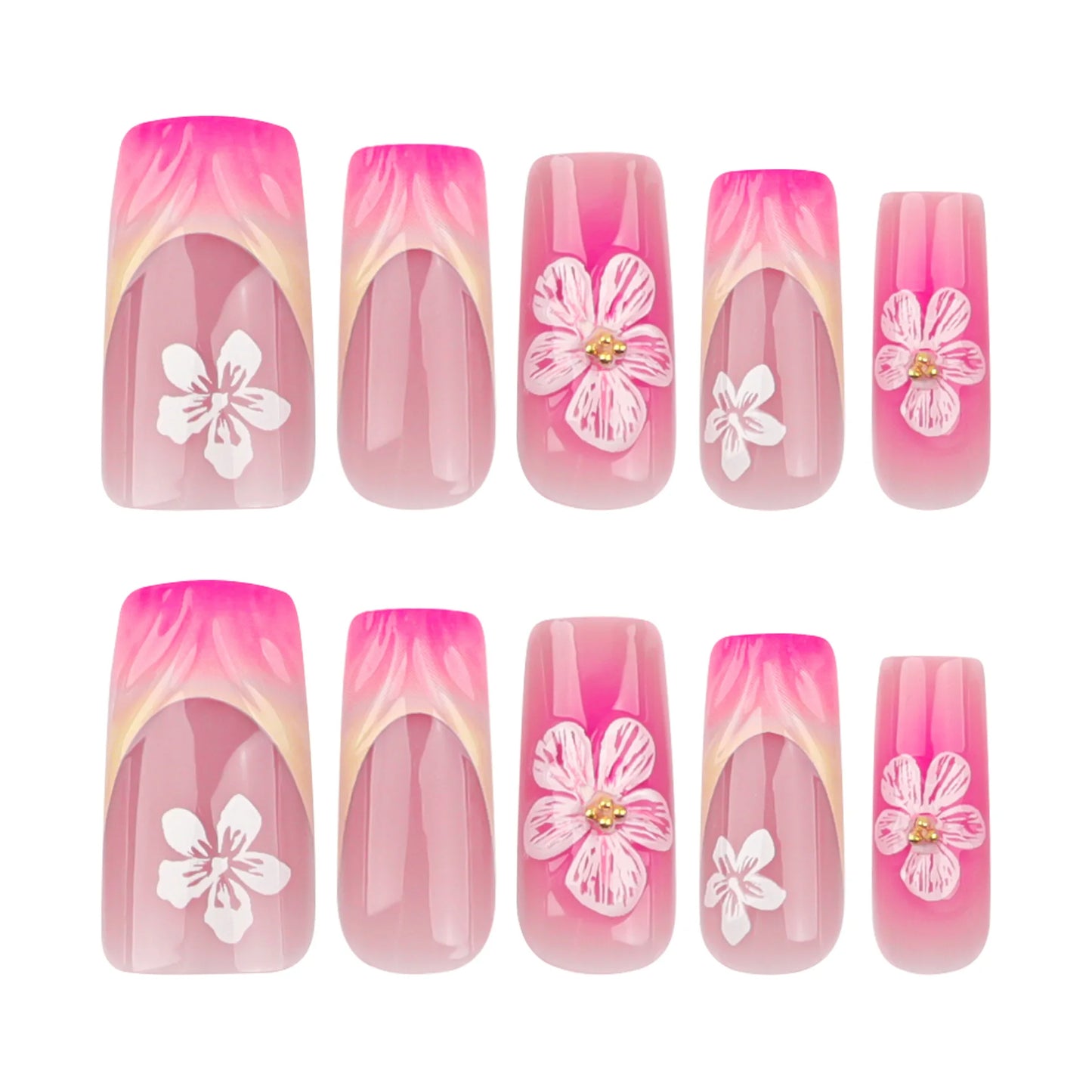 24pcs Blush Pink French Press On Nails Hand-painted White Flower Gold Ball Designs Fake Nail Short Square Korean False Nail Tips